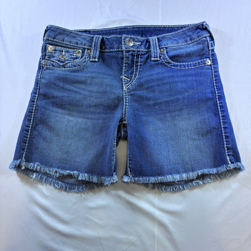 True Religion Mid Cut Off Denim Shorts Blue White Stitch Frayed Hem Size 29